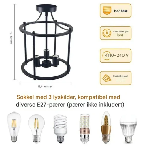3-lys Taklampe i Smedjern – Takplafond i Sort Metall - Bilde 7