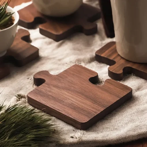 Valnøtt Trebrikke – Jigsaw Coaster for Bord og Kaffekopp - Bilde 2