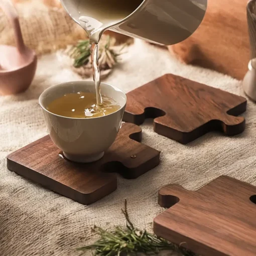 Valnøtt Trebrikke – Jigsaw Coaster for Bord og Kaffekopp - Bilde 3
