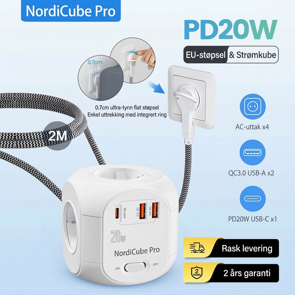 NordiCube Pro strømskinne med 0,7 cm flat plugg