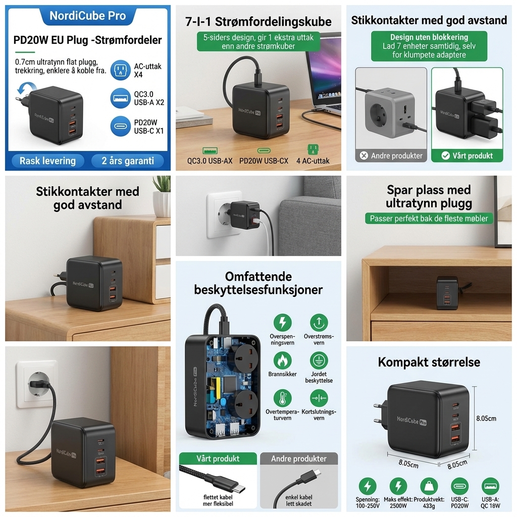 NordiCube Pro strømskinne med 0,7 cm flat plugg